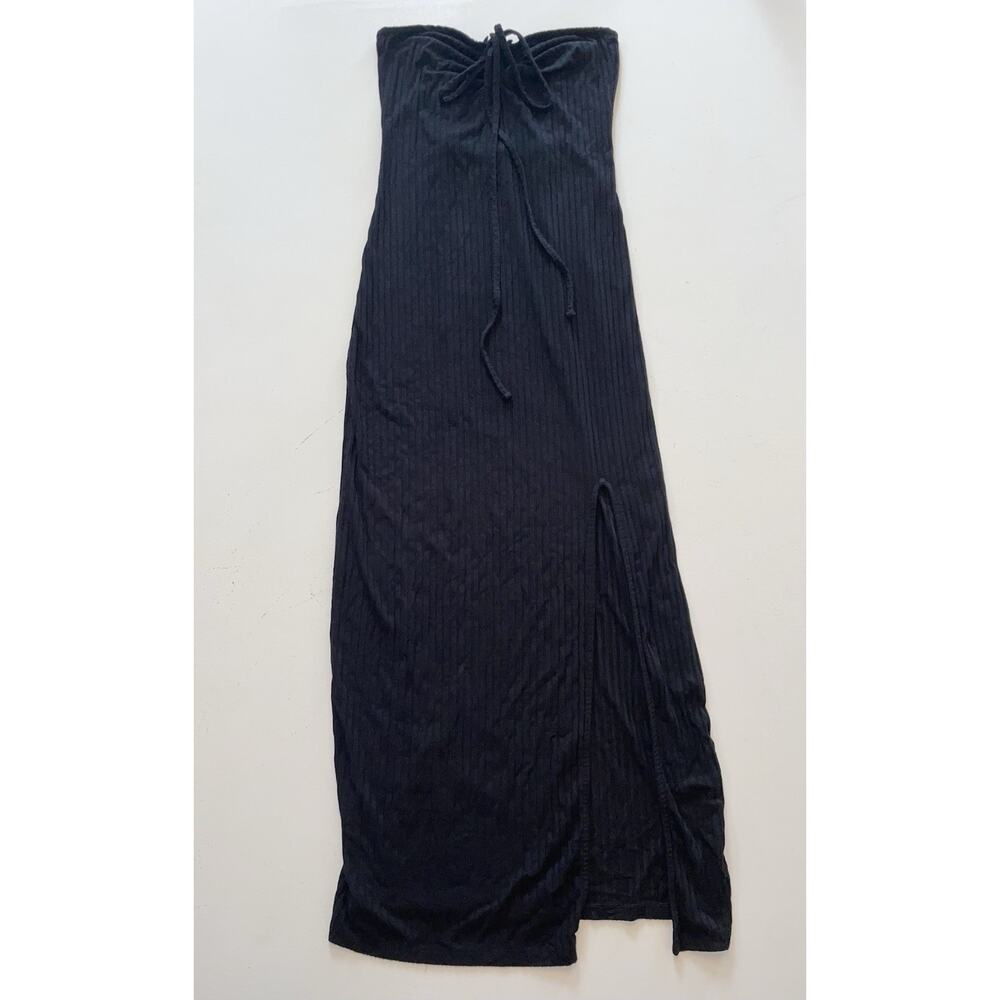 1.State Women Medium Black Halter Maxi Dress Strapless Ribbed Leg Slit Multiway - Picture 3 of 12